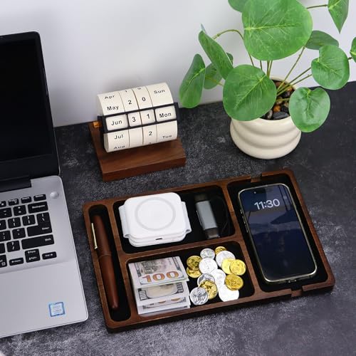 MultiBey Acacia Wood Valet Tray Nightstand Organizer, Wooden Valet Trays for Men Women, Wood Desk Organizer Drawer, EDC Essentials Catchall Tray for Phones, Watch, Pens, Keys - color: Acacia - Felt & Cable Slot