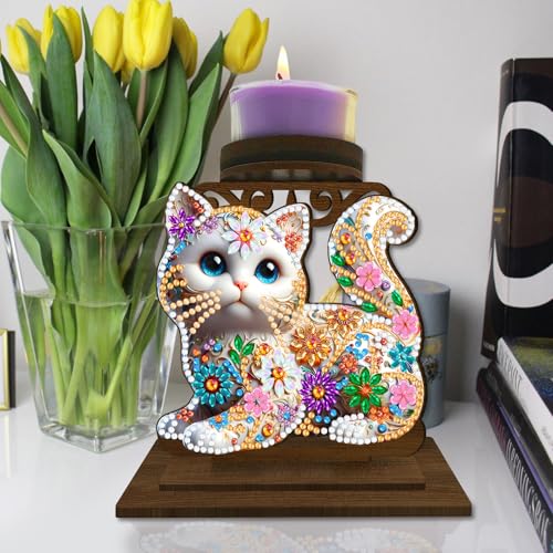 BAYUNOE DIY Candlestick Holders Wooden Desktop Diamond Art Painting Candle Holder Double-Sided Diamond Vintage Modern Decorative for Table Mantel Wedding Dinning Party-Cat - color: Cat