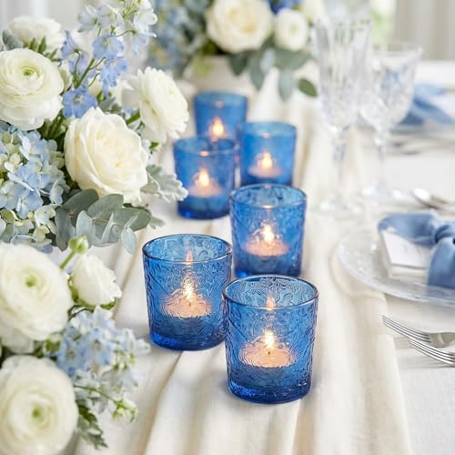 12 Pack Hummingbird Embossed Glass Candle Holders – Votive Tealight Holders with Patent Design, Decorative Embossed Glass Cups for Wedding Centerpieces, Parties, and Home Décor (Ocean Blue) - color: Ocean Blue