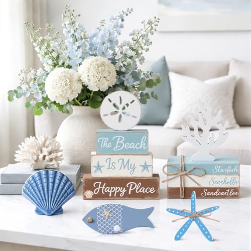 Vercraft 11 Pcs Beach Table Decorations Set Ocean Tiered Tray Decor Summer Wood Block Sign Gift the Beach Is My Happy Place Starfish Seashell Coastal Centerpiece Summer Party Supplies Shelf - style: Beach