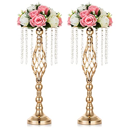 Nuptio 2 Pcs Crystal Flower Stand Wedding Centerpieces for Tables, 21.7in/55cm Tall Elegant Metal Flower Arrangement Stand, Tabletop Metal Flower Vase for Wedding Party Dinner Event Hotel Home Decor - color: Gold, size: Large - 2 Pcs