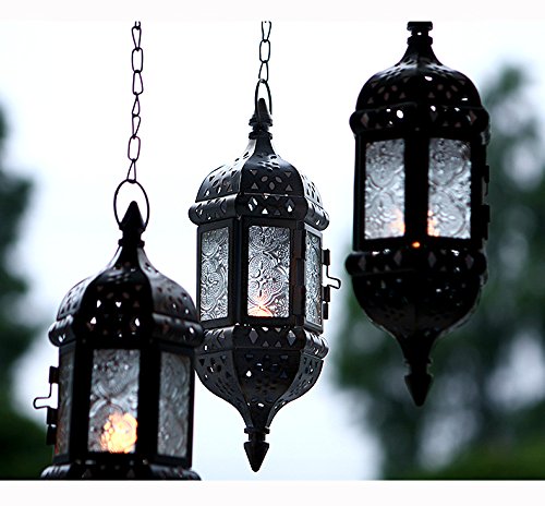 2PCS Moroccan Decorative Candle Lantern Metal Hanging Tealight Candlestick Holder Glass Indoor Outdoor LED Flameless Candle Holder 13.8 inches Chain (Black) - color: Black