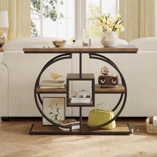GiftGo Narrow Console Table for Entryway Industrial 4-Tier Sofa Table Behind Couch with Circle Base Rustic Wooden Accent Tables with Storage Shelves for Living Room, Hallway, Foyer (Brown) - color: Brown