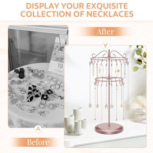 iDavosic.ly 2 Tier Rotating Necklace Holder Organizer with 42 Hooks, Adjustable Metal Bracelet Display Stand Rack, Extra Tall Keychain Spinning Tree Tower for Women, Rose Gold - color: Rose Gold
