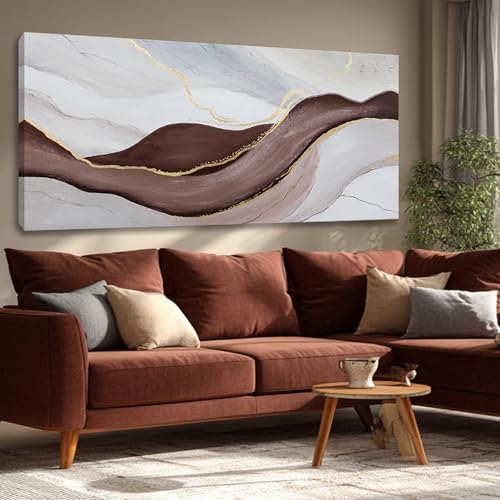 Hue7Art Modern Neutral Canvas Wall Art Abstract Flow Design in Gray White and Warm Brown, Contemporary Artistic Wall Decor for Living Room Bedroom Entryway Space 29x58 Inch - color: White and brown and gold, size: 58"L x 29"W