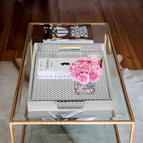 HofferRuffer Rectangle Serving Tray with Hole Handles for Coffee Table, Breakfast, Tea, Food, Butler - Countertop, Kitchen, Vanity Serve Tray, 16.2 x 12.2 x 2 inches, Faux Leather (Silver) (Pack of 2) - color: Silver, size: 16.2" x 12.2" x 2" (Pack of 2)