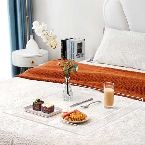 20×20 inches Oversized Clear Acrylic Ottoman Tray Extra Large Decorative Tray Spill-Proof Serving Trays with Handles King-Size Safe Edge Organizer for Coffee Table Countertop Breakfast - color: Clear, size: 20" x 20" x 2"