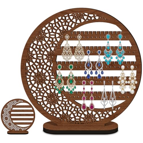 Kathfly Large Boho Moon Wooden Earring Display Organizer Stand Gift 10 Inch Floral Goth Earrings Stud Jewelry Holder Dangle Hanging Holder Gift for Women(Brown) - color: Brown