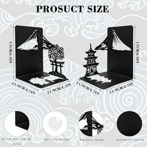 Matte Black Iron Decorative Bookends for Shelves, Fuji Mountain Sakura Design Book Ends Decorative, Book Ends for Heavy Books, Unique Bookends for Home Office Shelves, 7.9 x 1.2 x 5.9 Inches - color: Fuji Bookends