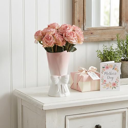 Relexome Pink White Ceramic Bow Vase 9.64 in Unique Cute Modern Decorative Bouquet Flower Vases for Home Living Room Table Decor - color: Pink White