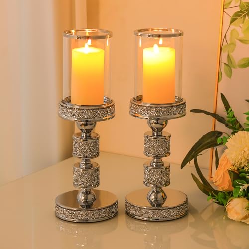 13.5" Tall Pillar Candle Holder with Wind Proof, Metal Hurricane Holders, Crystal Candle Holders for Table Centerpieces, Home Decor, Wedding, Dining Table (2, Silver, Medium) - color: Silver, size: Medium