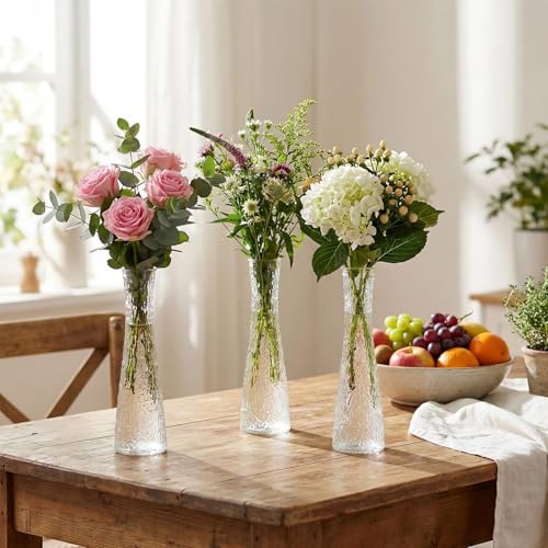 Glass Bud Vases Bulk 12 Pcs - Clear Ribbed Wedding Centerpiece Vases, Small Flower Vases for Table Decor, Party Events & Home Decor