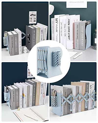 MSDADA Adjustable Bookends, Book Ends for Heavy Books, Expandable Book Organizer with Pen Holder for Desk, Shelf, Office, for 6 7 8 9-15 Boys and Girls, Extends up to 19 inches (Light Blue) - color: Light Blue
