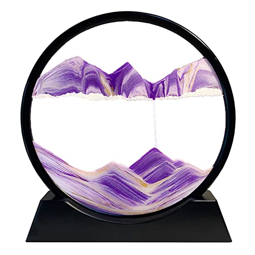HYUGF Moving Sand Art Picture Decor, 3D Deep Sea Sandscape Liquid Motion, Round Glass Frame Display Flowing Sand Relaxing Gift for Kids Adults Home Office Work Desktop Decoration Toy (Purple, 7") - color: Purple, size: 7 inches
