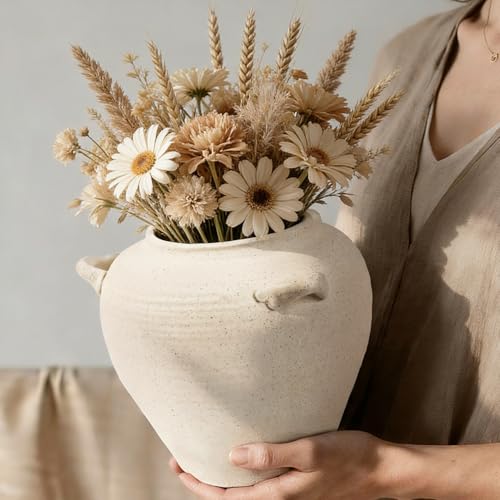 Ceramic Flower Vase 7 inch White Farmhouse Vase with Handles for Home Decor Vintage Decorative Vases for Bookshelf, Table, Mantle Fireplace, Living Room, Bathroom, Wedding - color: 7 Inch-white