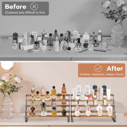 KALYLOC 5 Tier Wooden Display Riser Stand 13.8 Inch Metal Step Perfume Stand Organizer Tabletop Tiered Display Shelf Rack for Cologne Cupcake Spice Figures Cosmetics Candles (Brown, Z-Shape) - color: Brown, size: 5 tier-Z shape