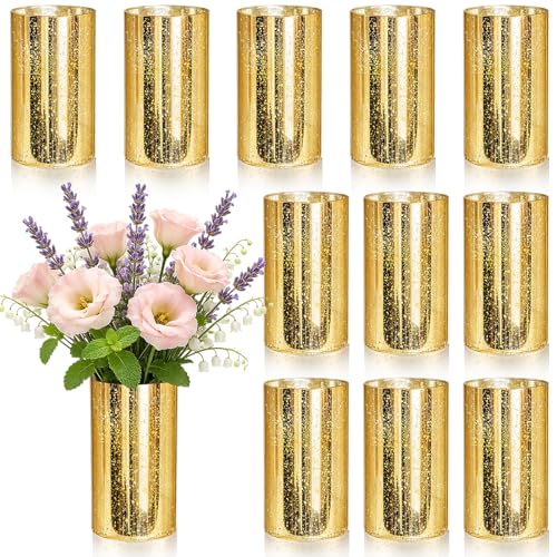 12 Pcs Gold Cylinder Vases for Centerpieces Mercury Vase Hurricane Vase Bulk Acrylic Round Wide Container for Flowers Home Office Wedding Table Decorations (6'') - color: Gold, size: 6''