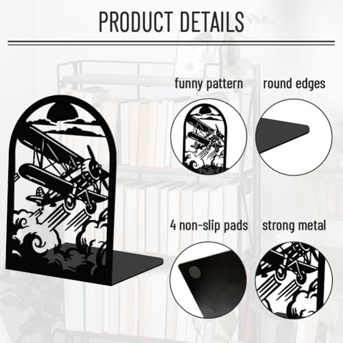 WADORN 1 Pair Airplane Metal Decorative Bookend for Shelves, Heavy Duty Book Ends Modern Non-Skid Books Holder Stand Black Book Support Stoppers for Desk Bookshelf Office Pilot Gift, 5.3x4.3x7.8 Inch - color: Airplane