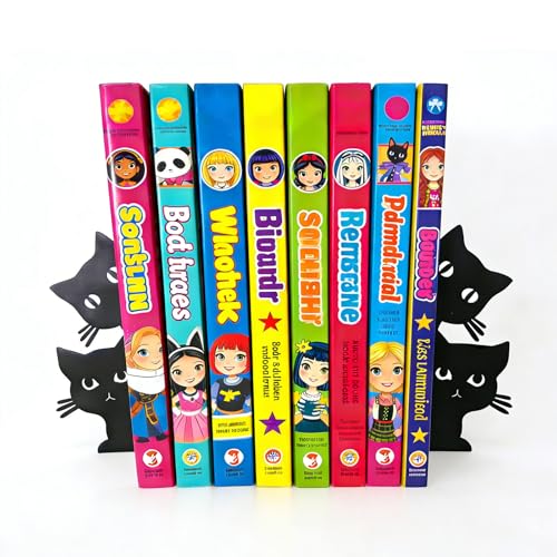 Cute Cat Bookends - Novelty Decorative Shelf Organizer, Textured Metal Finish, Non-Slip, 7.5x6.3 Inch, Rounded Corners for Kids' Picture Books & Office Desks (Black)