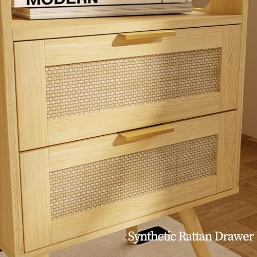 JOONEE Rattan Nightstand with Charging Station,Farmhouse Bedside Table with 2 Storage Drawer and Open Wood Shelf, for Bedroom and Small Spaces,Night Stand with Solid Wood Legs (Yellow Oak-Outlet) - color: Yellow Oak-outlet