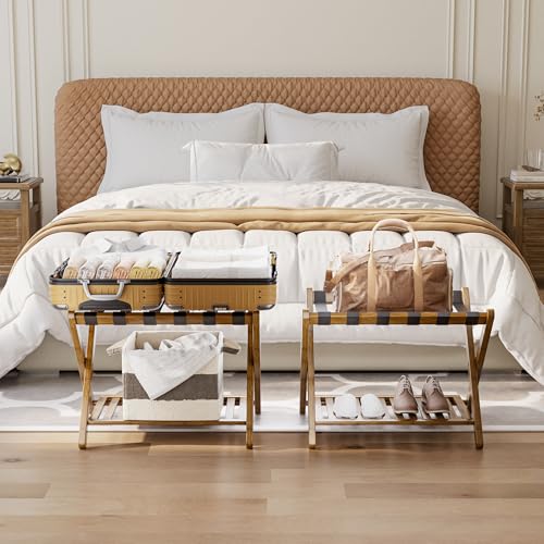SMIBUY Luggage Rack, Foldable Bamboo Suitcase Stand with Storage Shelf for Guest Room, Bedroom, Hotel, Heavy-Duty, 1 Pack (Walnut) - color: Walnut