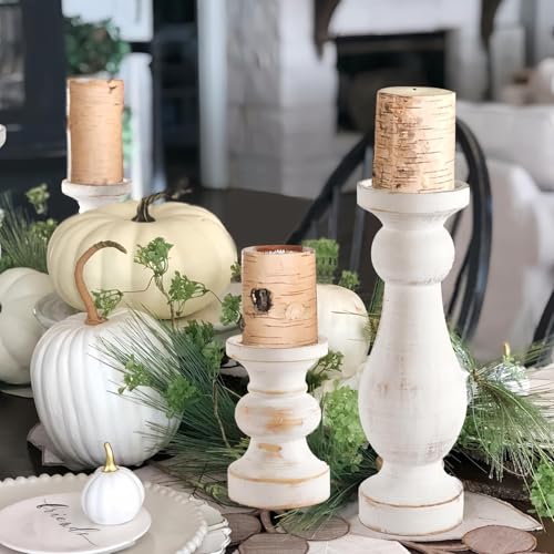CedarLux Rustic Pillar Candle Holder, 11 Inch White Wooden Candlestick Holders, Farmhouse Candle Stands for Pillar Candle, Decorative Wood Candlestick Holders for Living Room, Table Centerpiece - size: 11"H