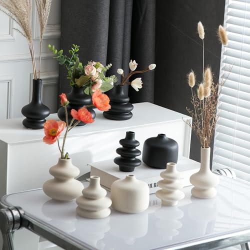 JOJUNO White Bud Vases, Small Ceramic Vase Set of 5, Mini Pottery Vases for Flowers, Decorative Vases for Home Modern Decor, Boho Decor, Chic Vases for Living Room Dining Table Shelves - color: White