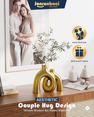 Hug Donut Decorative Vase Set - Golden Modern Classic Transitional Style Vases Home Decor, Matte Ceramic Decorations for Living Room Shelf, Bookshelf Mantle Entryway Table or Console Décor (Gold) - color: Gold