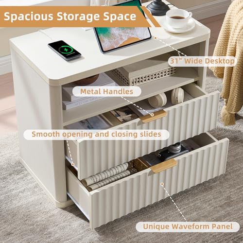 LEYAOYAO 31" Wide Fluted Nightstand with Charging Station, Oversized Extra Large 2 Drawers Night Stand,White Wood Bedside Table,Tall Bed Side End Tables,Modern Chest of Drawers Dressers for Bedroom - color: White, size: 2 Drawers