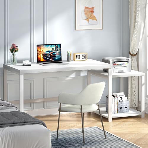 FOLUBAN Large White Computer Desk, Home Office Desk with Printer Space & PC Tower Stand, Modern Study Writing Table Workstation for Living Room Bedroom, 63 Inch - color: White