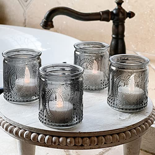 Kate Aspen Smoke Gray Vintage Glass Tealight Votive Candle Holders with Fleur-de-lis Design, Set of 8 - Perfect for Farmhouse Room & Shelf Decor - color: Smoke Gray, size: Set of 8