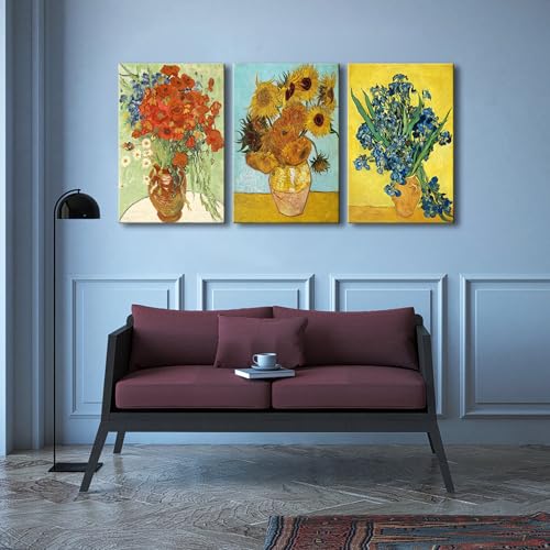 Wieco Art 3 Panels Canvas Prints of Vincent Van Gogh Paintings Reproduction Red Poppies and Daisies Irises in Vase Sunflower Canvas Wall Art for Living Room Home Office Decor - color: Flowers, size: 16 x 24 inches (Unframed)