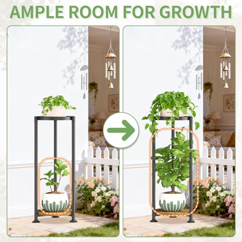 KMOTASUO 2 Tier Black Plant Stand Indoor for Large Tall Heavy Duty Planter, Multiple Sturdy Metal Flower Corner Rack for Narrow House Floor, Iron Vertical Level Round Orchi Holder Organizer, Modern - color: Black + Brown, size: 2 Tier