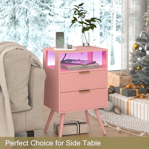 JOONEE Pink Nightstand with Charging Station and LED Lights,Modern Bedside Table with 2 Storage Drawer and Open Wood Shelf, for Bedroom and Small Spaces,Night Stand with Solid Wood Legs,Pink - color: Pink