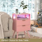 JOONEE Pink Nightstand with Charging Station and LED Lights,Modern Bedside Table with 2 Storage Drawer and Open Wood Shelf, for Bedroom and Small Spaces,Night Stand with Solid Wood Legs,Pink - color: Pink