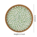 Round Rattan Tray for Home Decor 11.8 inch, Modern and Boho Decor Serving Tray with Mother of Pearl Inlay, Wicker Basket for Coffee Table, Hand Woven Decorative Tray Plates (Green)