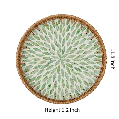 Round Rattan Tray for Home Decor 11.8 inch, Modern and Boho Decor Serving Tray with Mother of Pearl Inlay, Wicker Basket for Coffee Table, Hand Woven Decorative Tray Plates (Green)