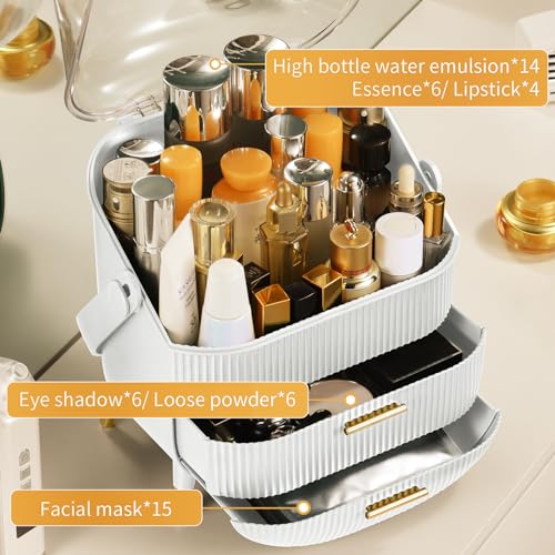 CANITORON Makeup Organizer,Skincare Organizer with 2 Drawers and Transparent Cover,Cosmetic Display Case for Vanity Organizer and Bathroom Countertop Storage.(White) - color: White