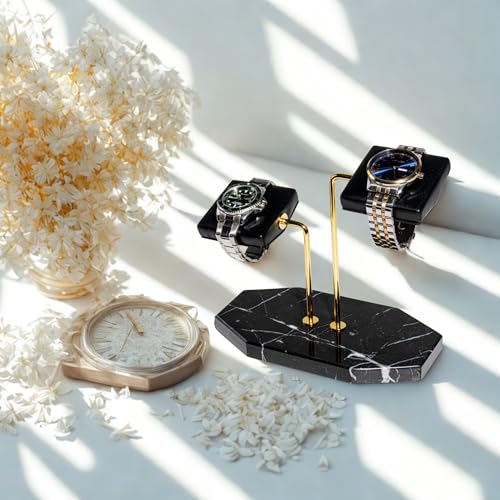 LYS&LYX Double Watch Stand - Handcrafted Natural Marble base - Watch Display Stand for all Watches - Jewelry Stand Watch Holder Accessory (BlackGlod) - color: BlackGlod