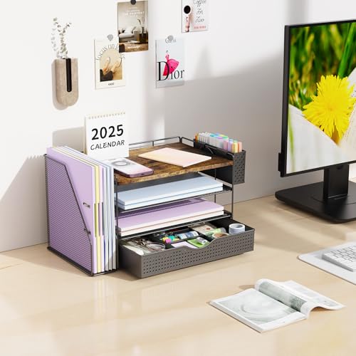gianotter Wood Desk Organizers and Accessories with File Holder, 4-Tier Desk Accessories & Workspace Organizers with Drawer and Pen Holder, Desk Reference Organizer (Wood) - color: Wood