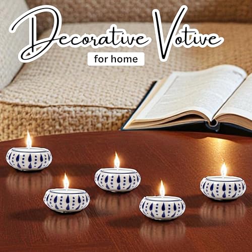 CLEENTABLE Ceramic Tea Light Holders Set of 6 - Handcrafted Candle Holder Bulk - Ideal Fall Decor for Boho Wedding Centerpiece Table, Home Decor & Thanksgiving Indoor (Blue White)