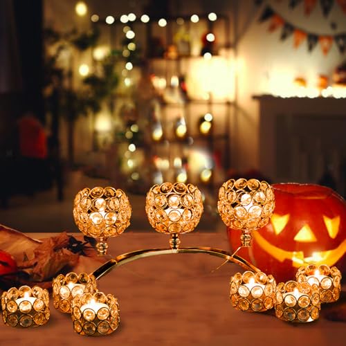 4Set Gold Crystal Candle Holders Decorative Candelabra for Wedding Centerpiece,Metal 3 Arms Candlesticks Holder Stand for Dining Table Living Room Home Decor, Party, Anniversary,Halloween,Christmas - size: 4 Pieces 5.5" tall