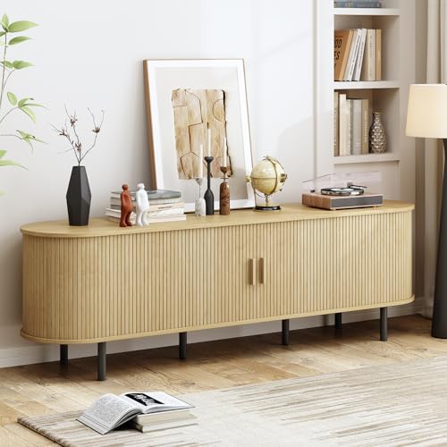 70.8" TV Stand with Power Outlet, Mid-Century Modern Television Stand, Fluted Media Console with Sliding Doors, Entertainment Center for TVs up to 60 Inch, Adjustable Shelves, Oak - color: Oak, size: 70.8 Inch