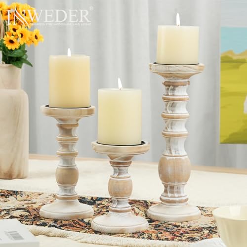 Wood Pillar Candle Holder: 3Pcs Rustic Candle Holders for Pillar Candles Wood Candle Holders Distressed Wooden Farmhouse Large Candle Holder Fireplace Table (Rustic White, 5.9", 7.87", 11") - color: Rustic White, size: 5.9", 7.9", 11"