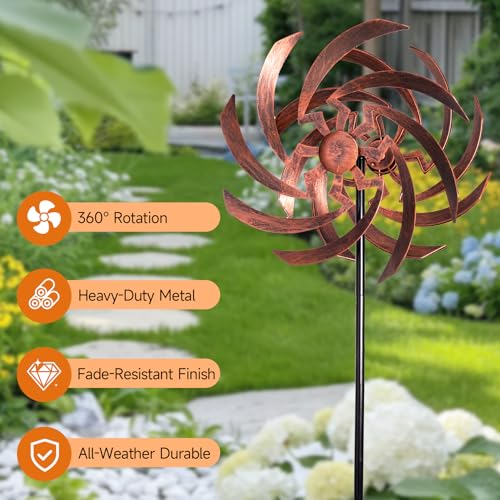Wind Spinners Outdoor Garden Decor, 360°Metal Kinetic Wind Sculpture Spinner, 16W*76H inch Windmill for Yard, Patio, Backyard, Garden Gifts for Women - color: Cooper
