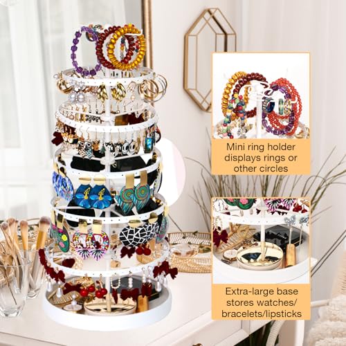 17Dec 6 Tier Rotating Jewelry Organizer Stand, 230 Holes Earring Holder Organizer for Women Girls, Spinning Earring Tree with Ring Holder, Wide Base for Bracelets Watches Lipstick - color: 6-Tier Earring Tower,White