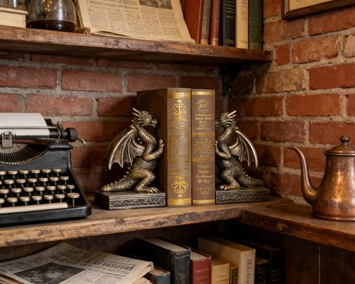Dragon Statue Decorative Bookends for Shelves, Antique Gold Dragon Statue Home Office Decoration, Fantasy Dragon Figurine Enthusiasts Gifts - color: Antique Gold