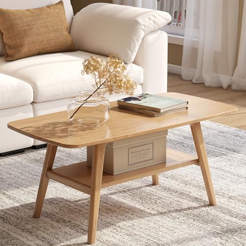 100% Solid Oak Wood Coffee Table for Living Room, 2-Tier Small Coffee Tables with Shelf Storage, Mid Century Modern Table with Rounded Corners (Natural, 39.37" x 19.68" x 17.32") - color: Natural Colour, size: 39.37"W x19.68" D x 17.32" H