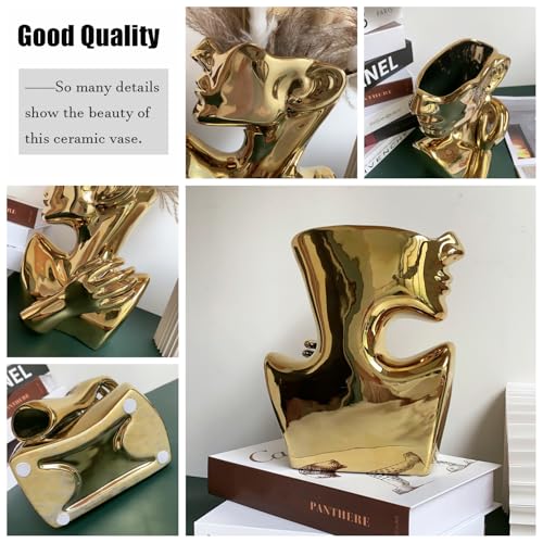 Ceramics Statue Flower Vase Face Pots Bust Head Shaped for Birthday Gifts Home Office Decoration (Gold) - color: Gold