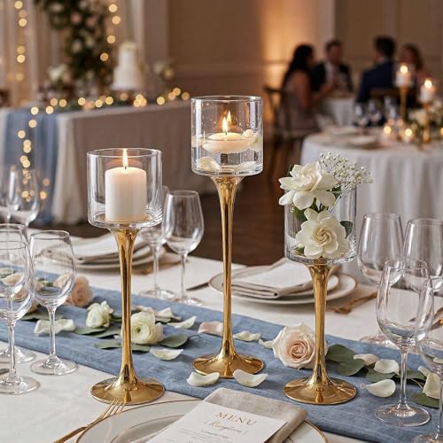 Royal Imports Glass Candleholder Flower Vase, Floating & Pillar Candle Centerpiece Display, Decorative Hurricane on Pedestal for Home or Wedding Set of 3, Gold - color: Gold